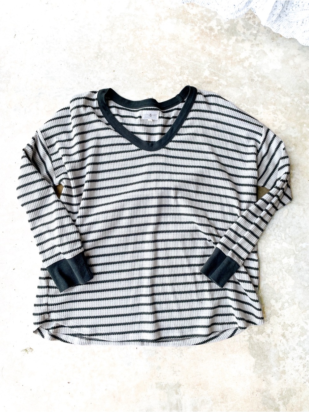 Lou & Grey Green White Striped Waffle Knit Long Sleeve Top Size XL